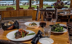 Dinner on table at Limbert's Restaurant at Redfish Lake Lodge